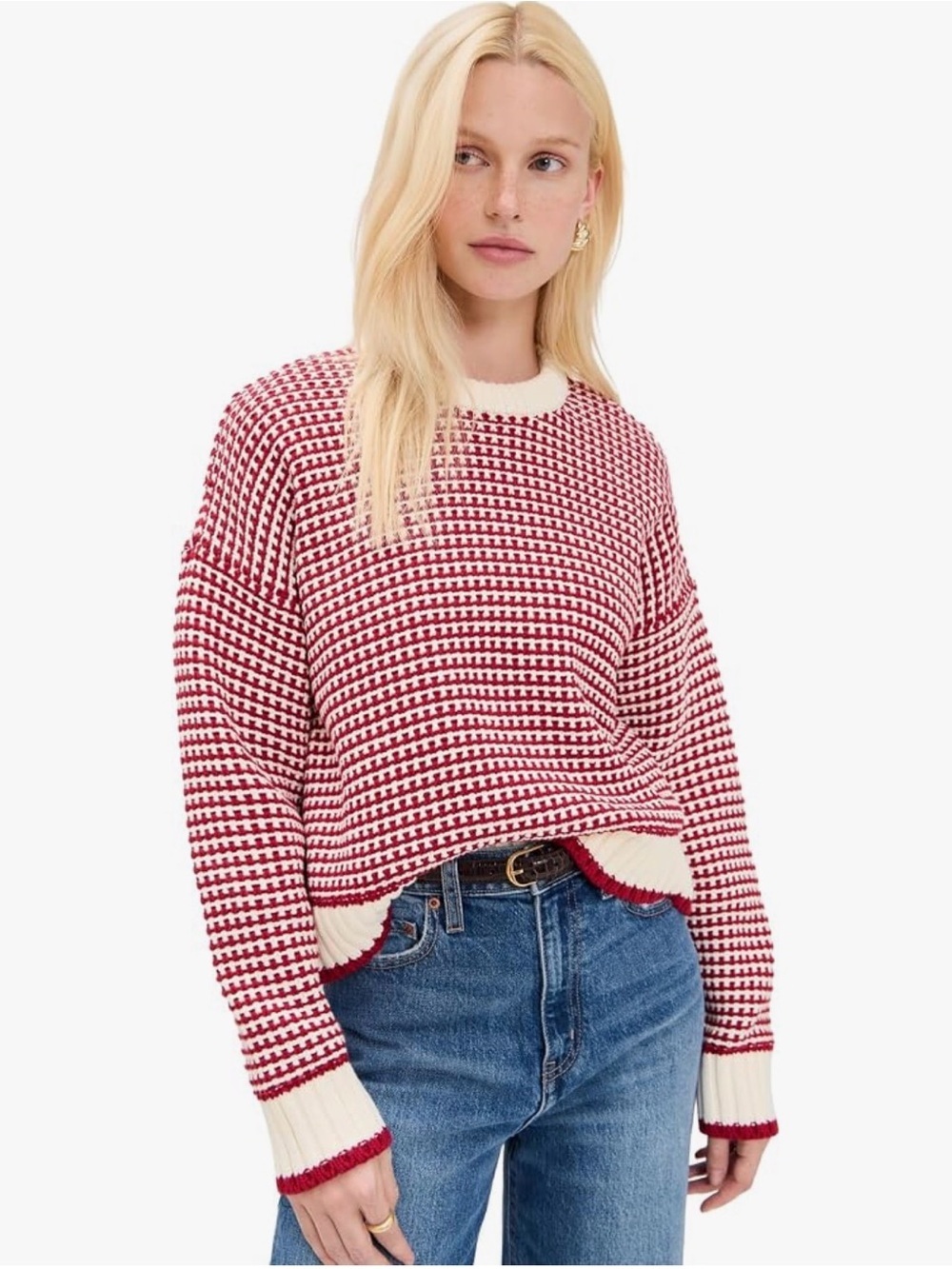 Madewell Red & White Houndstooth Crewneck Sweater